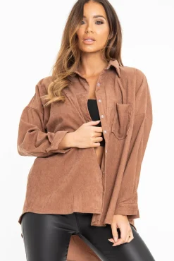 Rebellious Fashion Brown Corduroy Button Front Oversized Shirt - Kyrah