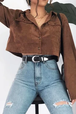 Rebellious Fashion Brown Corduroy Utility Pocket Cropped Shirt - Eliora