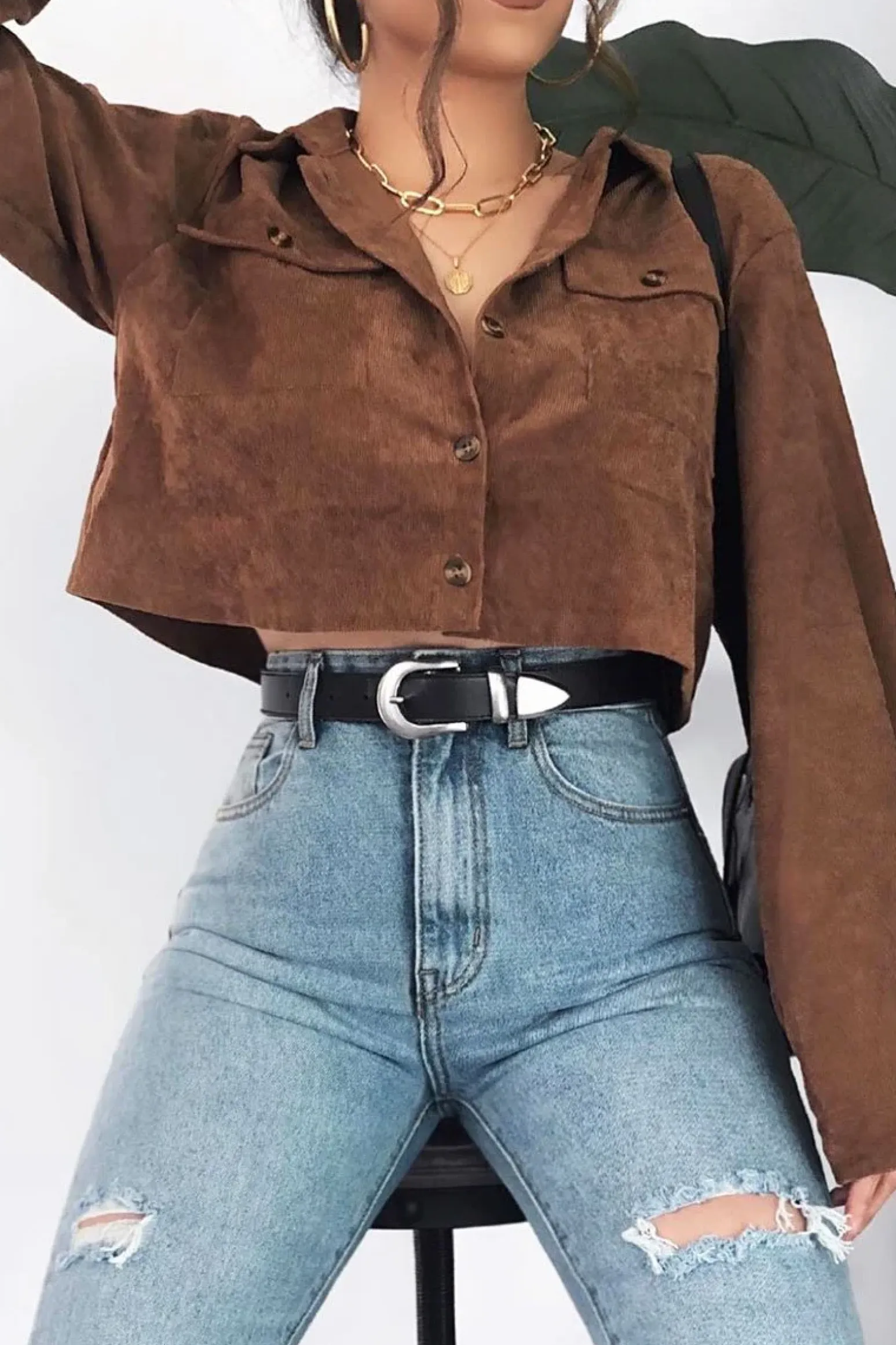 Rebellious Fashion Brown Corduroy Utility Pocket Cropped Shirt - Eliora