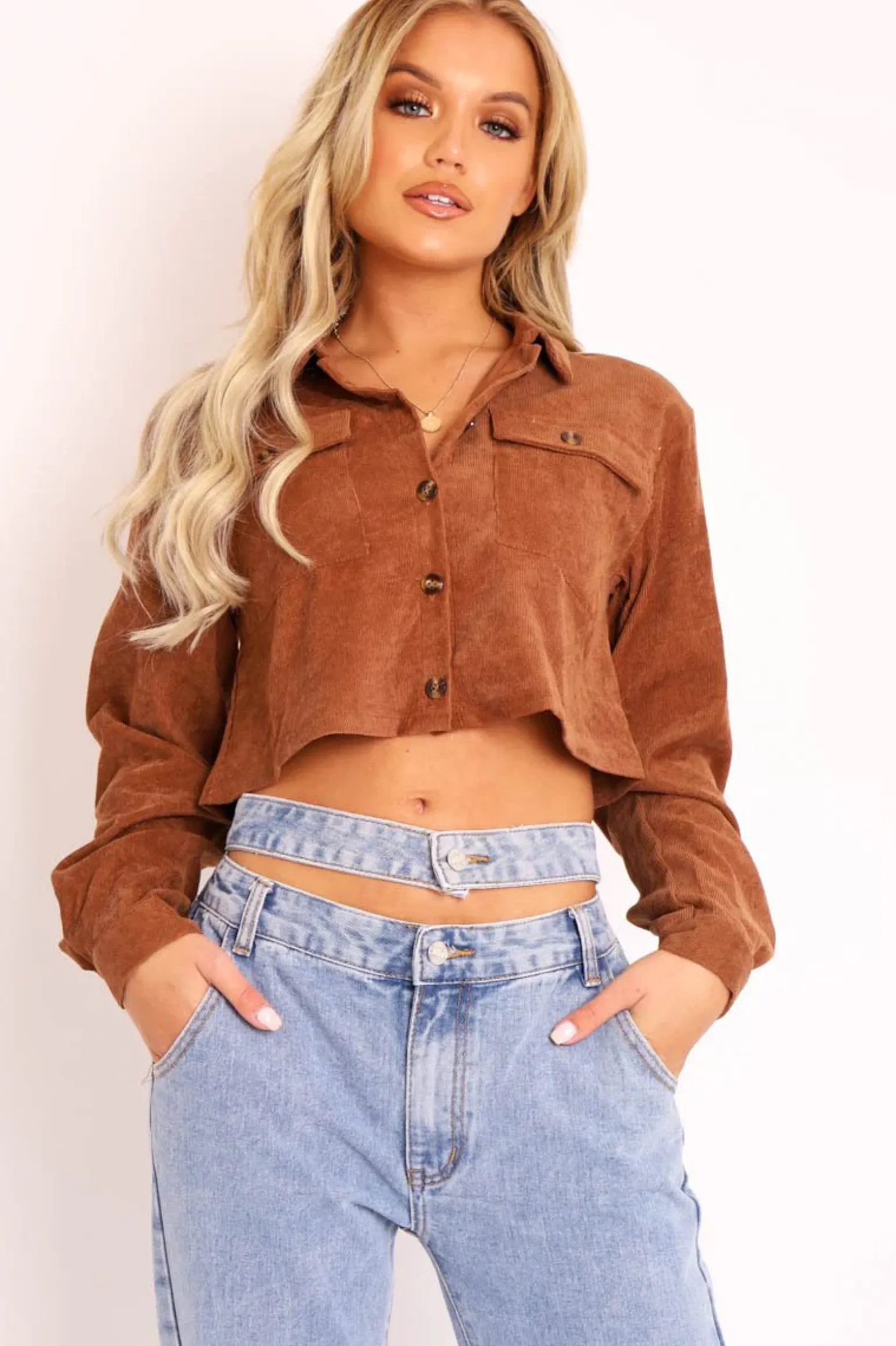 Rebellious Fashion Brown Corduroy Utility Pocket Cropped Shirt - Eliora