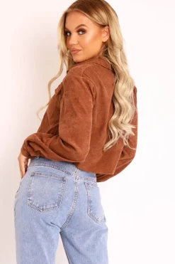 Rebellious Fashion Brown Corduroy Utility Pocket Cropped Shirt - Eliora