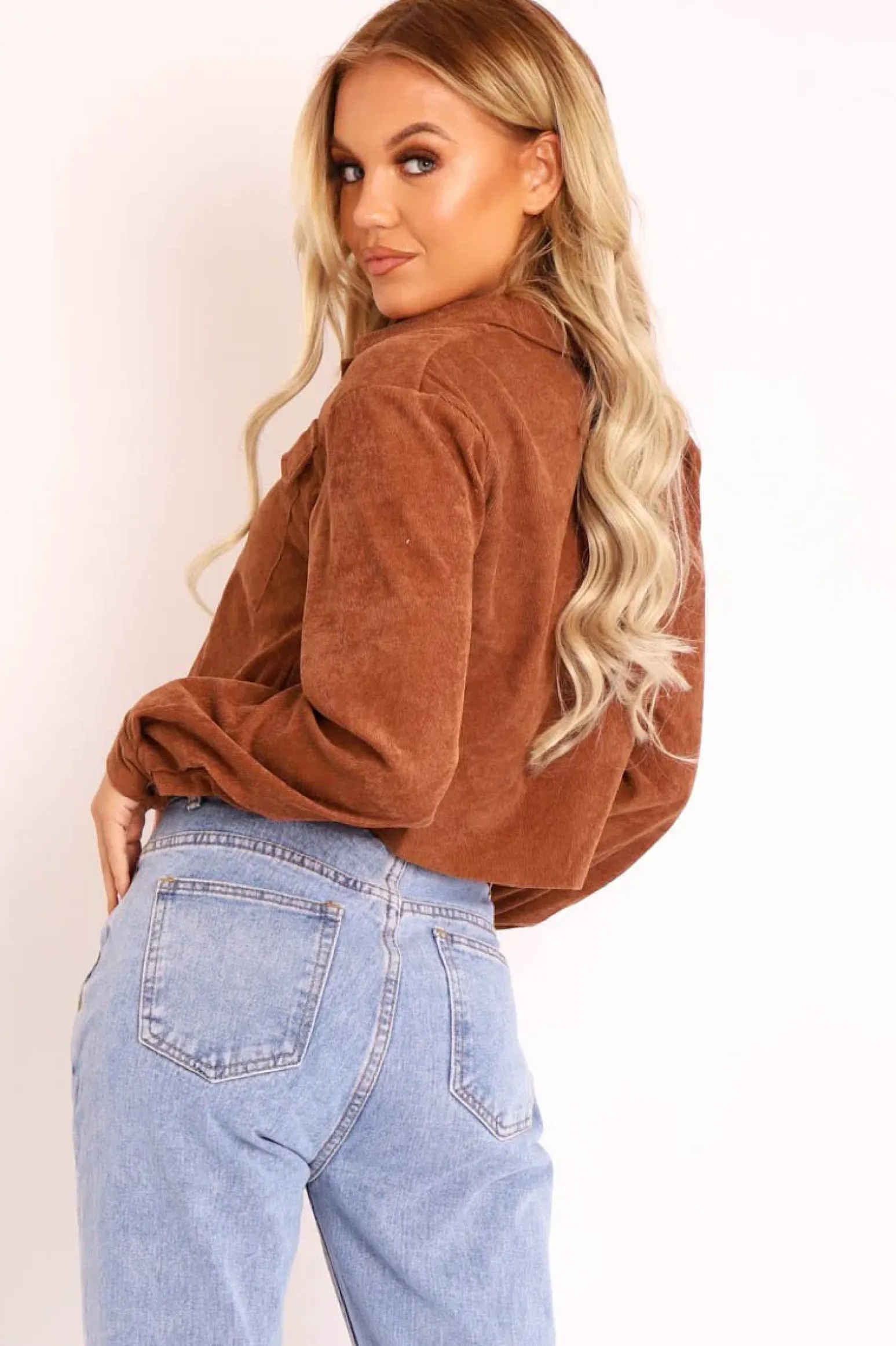 Rebellious Fashion Brown Corduroy Utility Pocket Cropped Shirt - Eliora