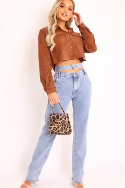 Rebellious Fashion Brown Corduroy Utility Pocket Cropped Shirt - Eliora