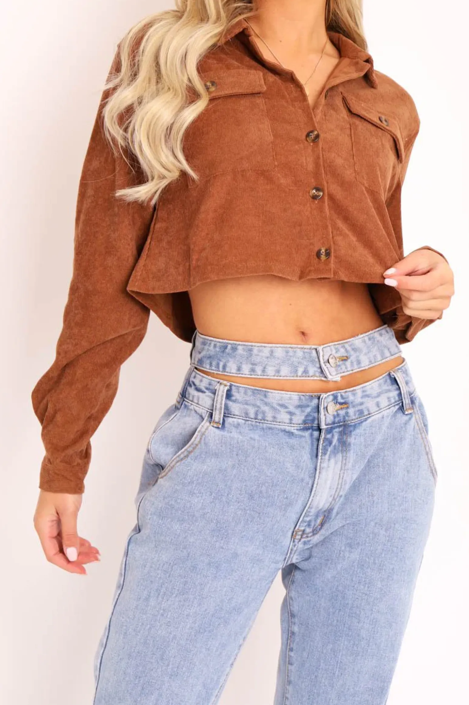 Rebellious Fashion Brown Corduroy Utility Pocket Cropped Shirt - Eliora