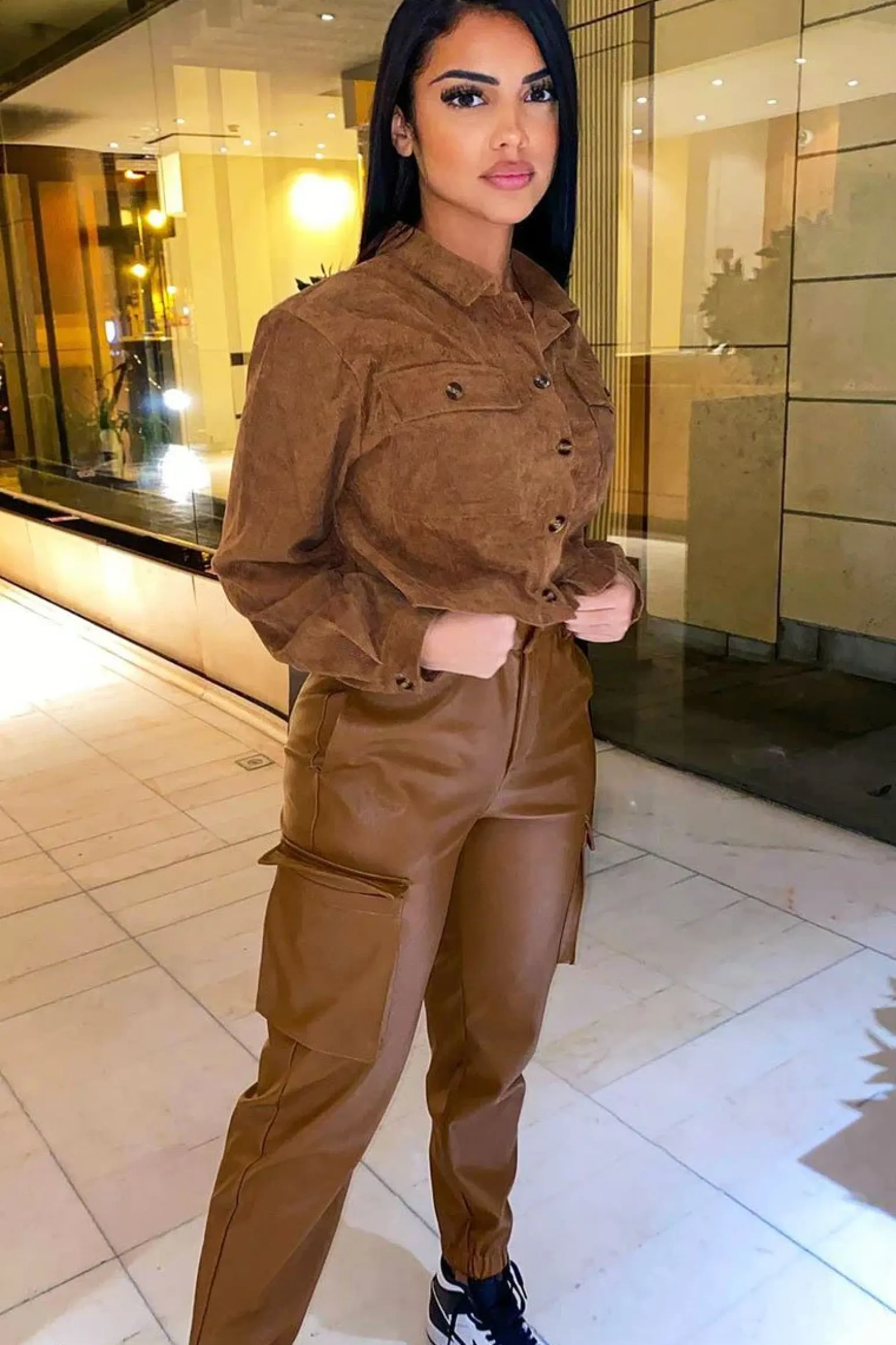 Rebellious Fashion Brown Corduroy Utility Pocket Cropped Shirt - Eliora