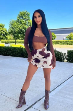 Rebellious Fashion Brown Cow Print Mesh Mini Skirt - Cianna