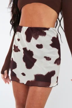 Rebellious Fashion Brown Cow Print Mesh Mini Skirt - Cianna