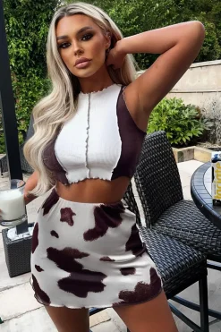 Rebellious Fashion Brown Cow Print Mesh Mini Skirt - Cianna
