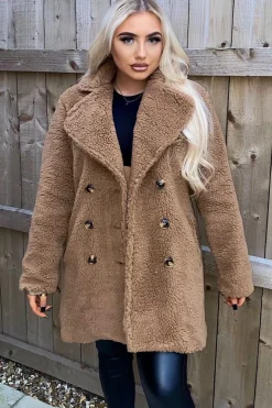 Rebellious Fashion Brown Double Breasted Button Front Teddy Coat - Maizee