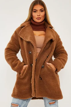 Rebellious Fashion Brown Double Breasted Button Front Teddy Coat - Maizee