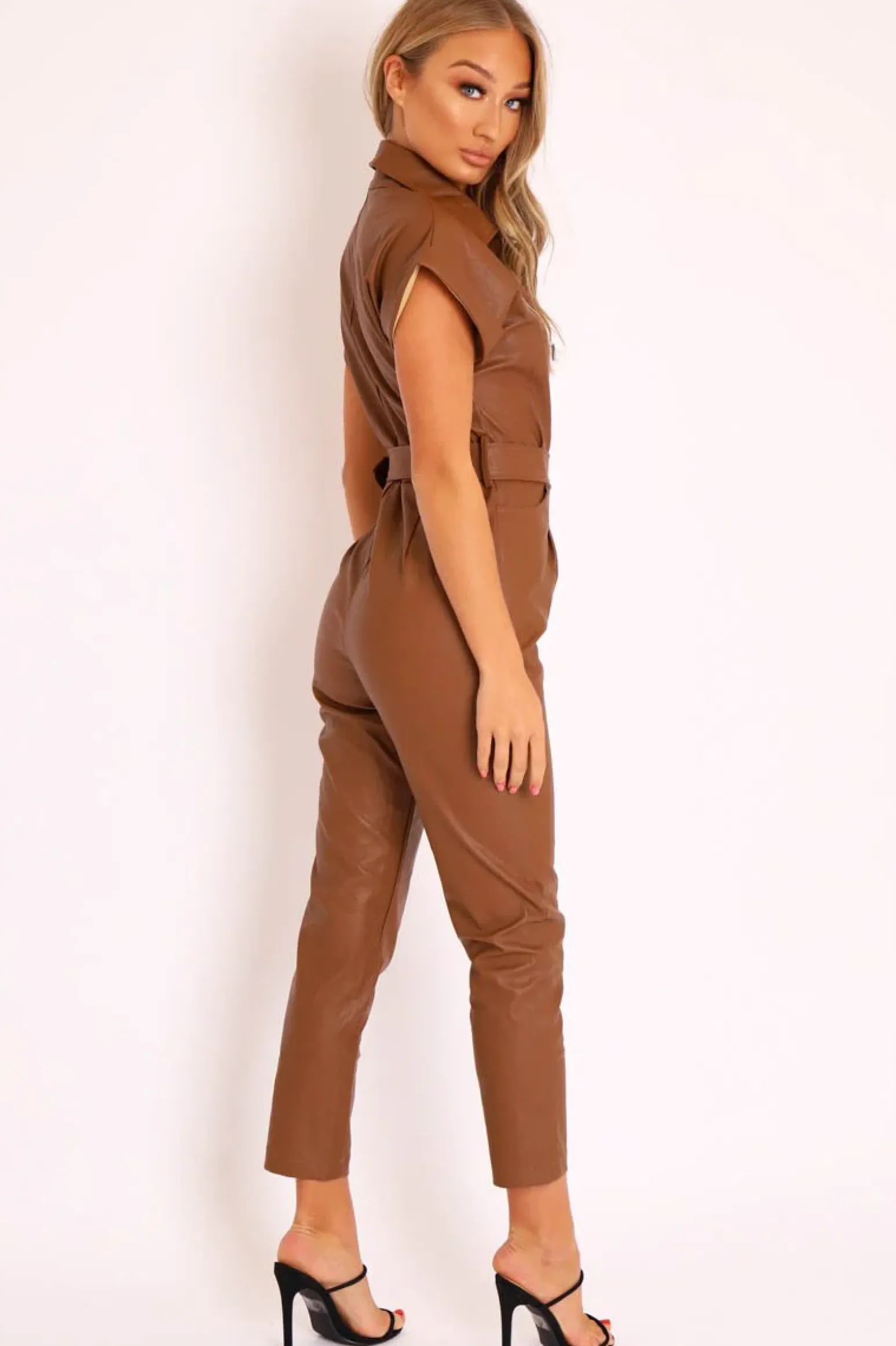 Rebellious Fashion Brown Faux Leather Belted Short Sleeve Jumpsuit - Ryenne