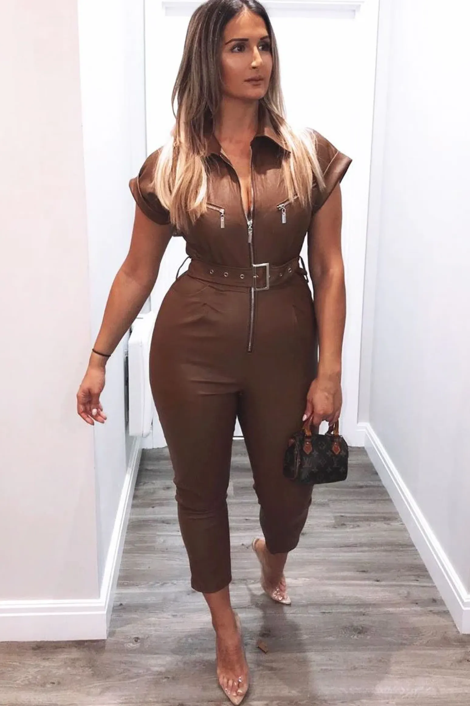 Rebellious Fashion Brown Faux Leather Belted Short Sleeve Jumpsuit - Ryenne