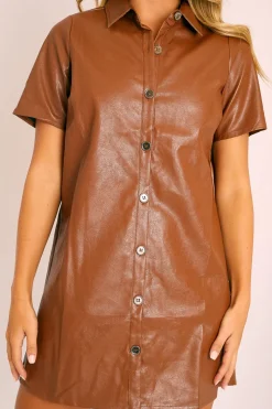 Rebellious Fashion Brown Faux Leather Button Up Shirt Dress - Alba