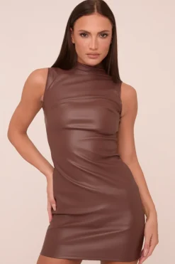 Rebellious Fashion Brown Faux Leather High Neck Sleeveless Mini Dress - Hazel