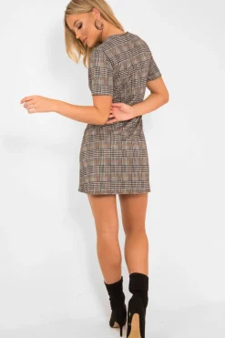 Rebellious Fashion Brown Houndstooth Button Front Mini Dress - Heylee