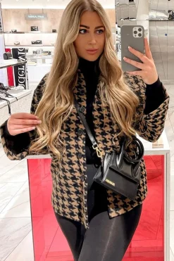 Rebellious Fashion Brown Houndstooth Pocket Front Shacket - Aleri