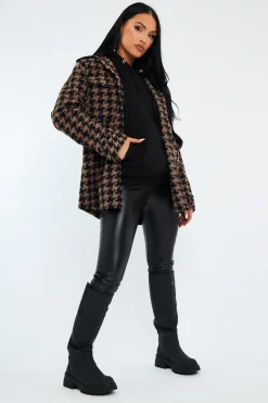 Rebellious Fashion Brown Houndstooth Pocket Front Shacket - Aleri