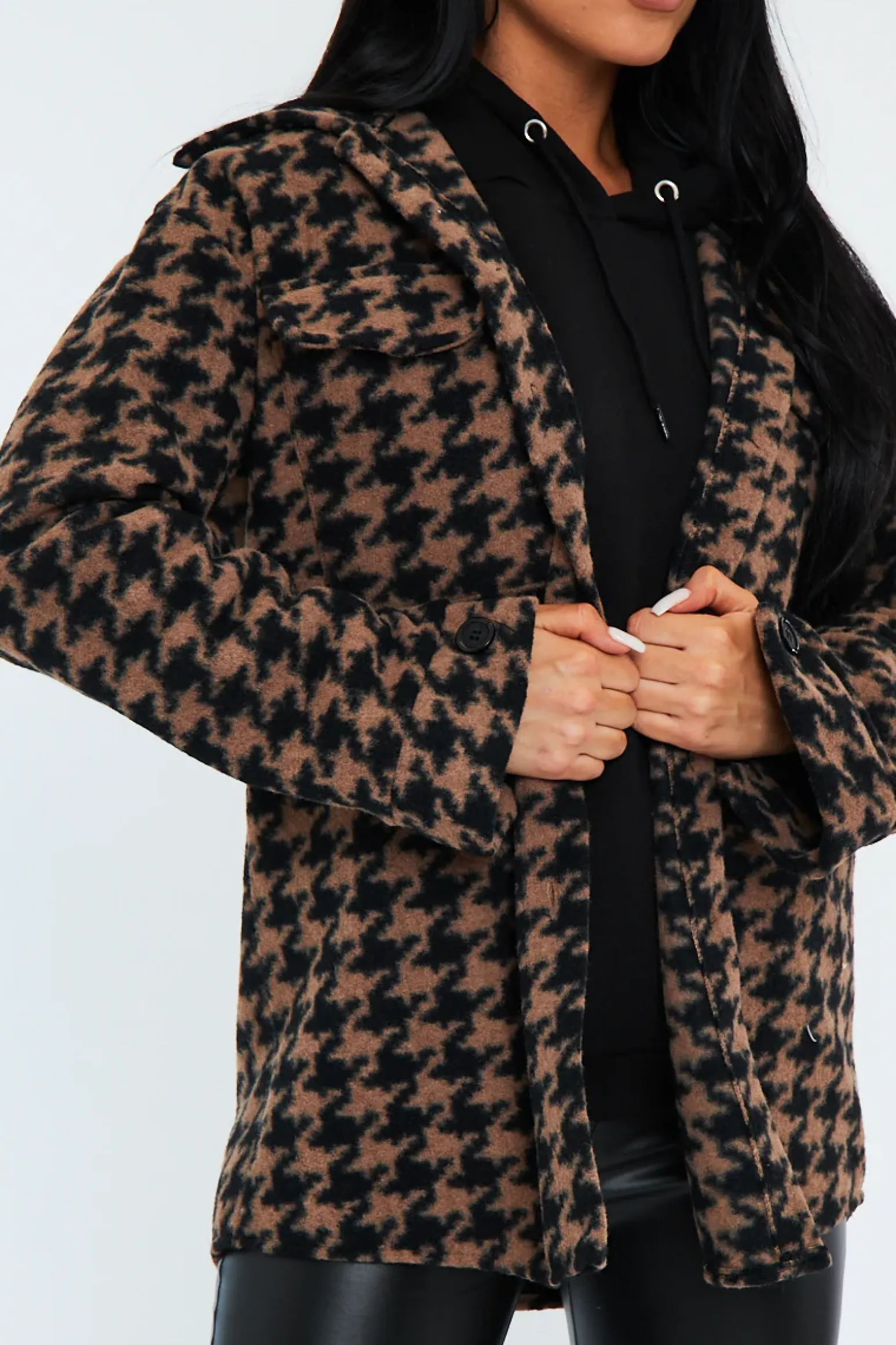 Rebellious Fashion Brown Houndstooth Pocket Front Shacket - Aleri