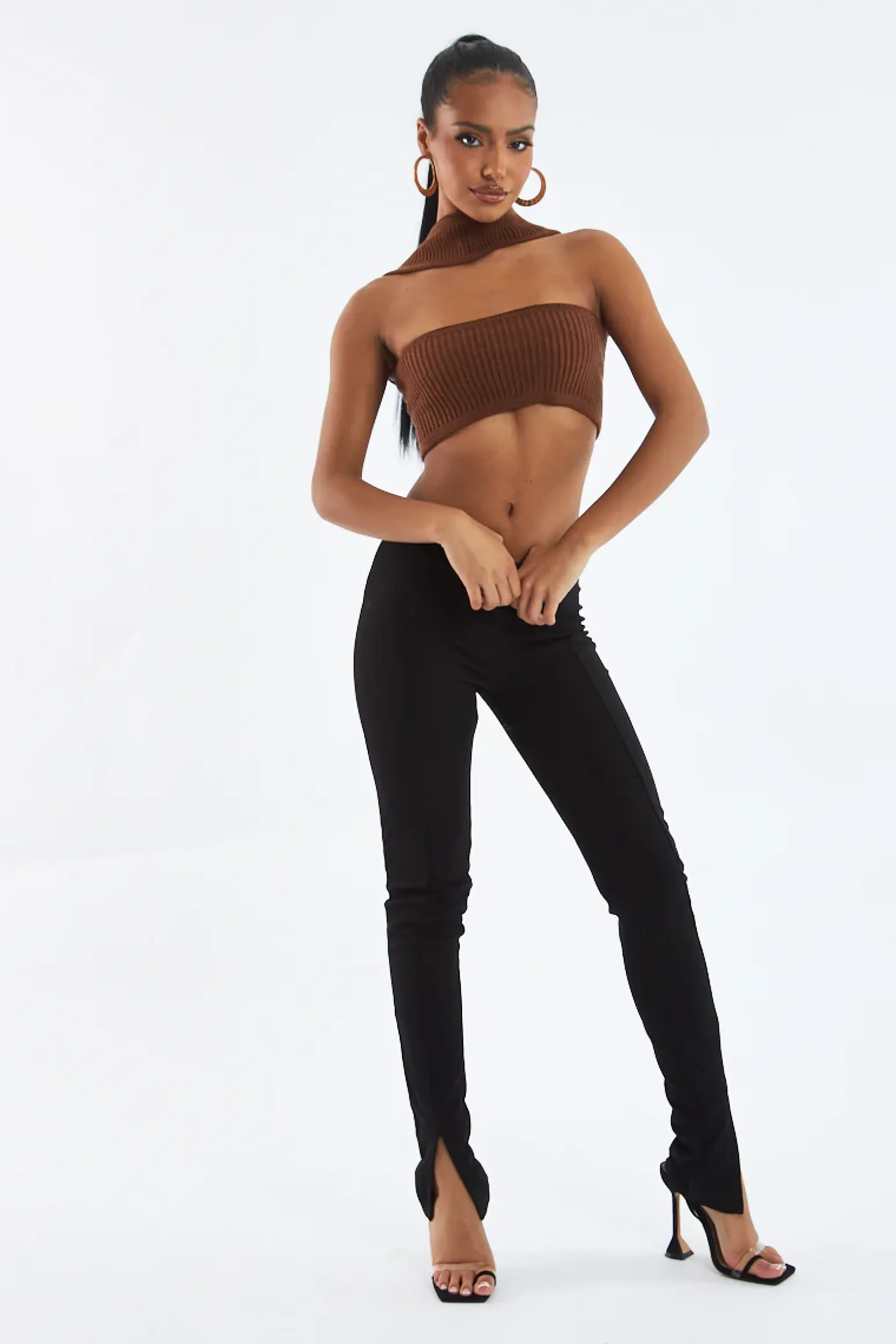 Rebellious Fashion Brown Knit Choker Neck Cropped Top - Lia