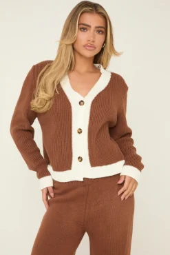 Rebellious Fashion Brown Knit Contrast Button Up Front Cardigan & Straight Leg Trousers Co-ord Set - Eileen