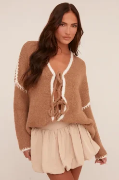 Rebellious Fashion Brown Knit Contrast Stitch Tie Front Cardigan - Oliviamae