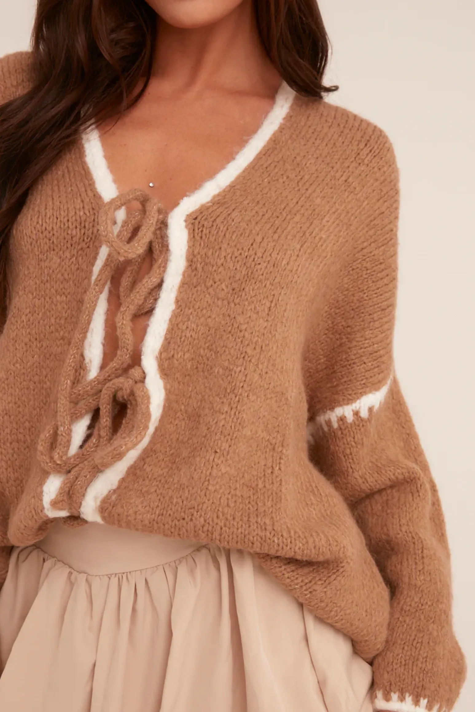 Rebellious Fashion Brown Knit Contrast Stitch Tie Front Cardigan - Oliviamae