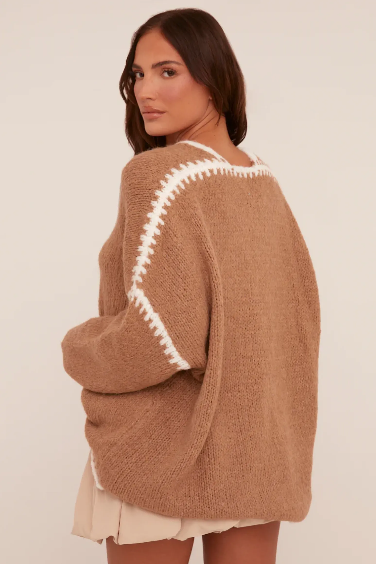 Rebellious Fashion Brown Knit Contrast Stitch Tie Front Cardigan - Oliviamae