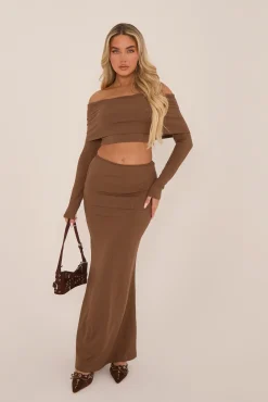 Rebellious Fashion Brown Knit Fold Down Bardot Maxi Skirt Set - Beatrix