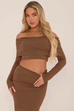 Rebellious Fashion Brown Knit Fold Down Bardot Maxi Skirt Set - Beatrix