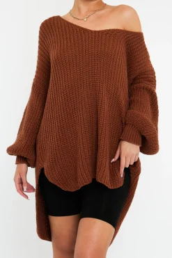 Rebellious Fashion Brown Knit Oversized Jumper - Darci