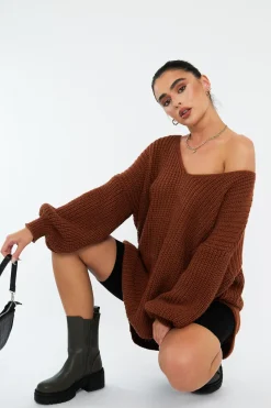 Rebellious Fashion Brown Knit Oversized Jumper - Darci