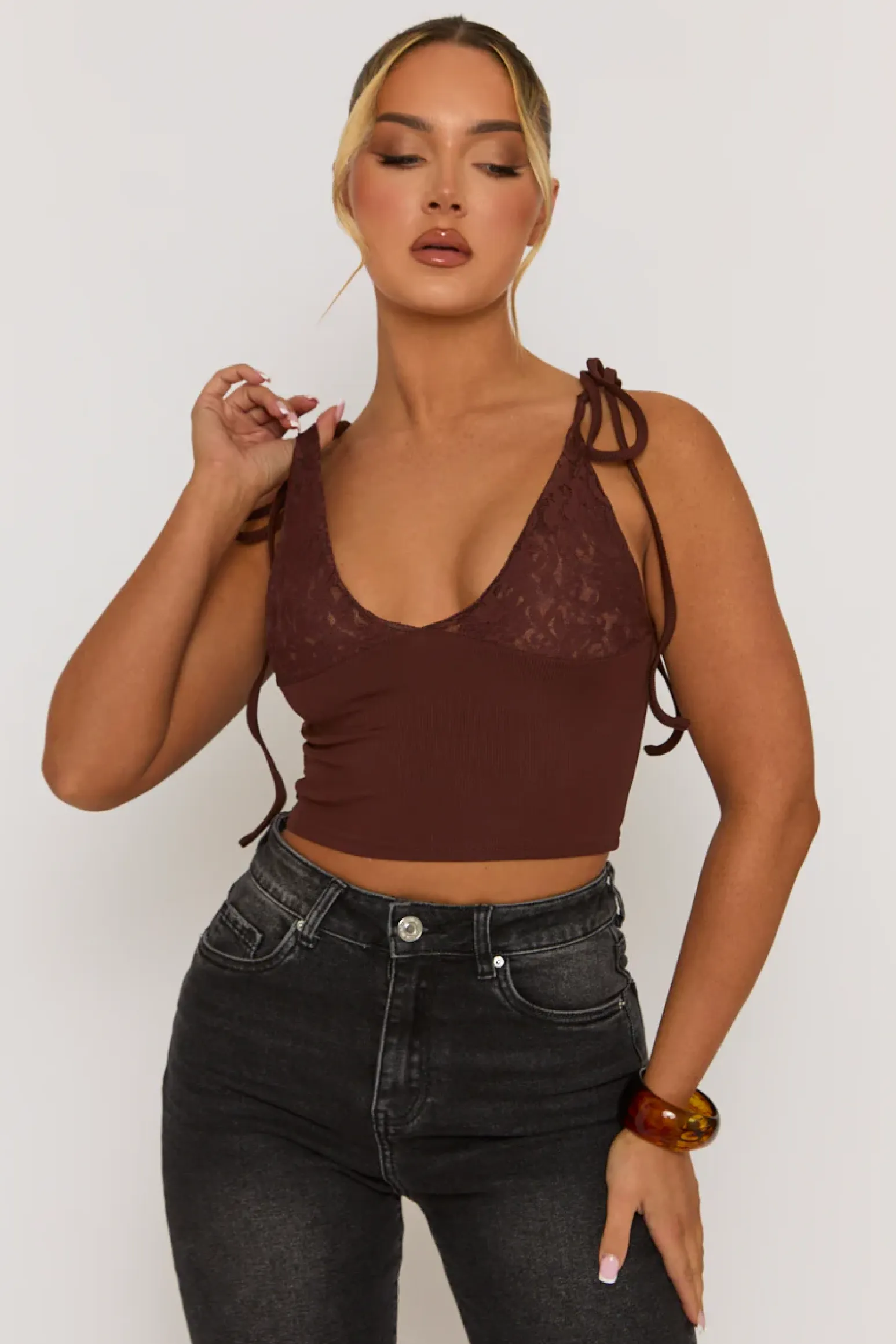 Rebellious Fashion Brown Lace Bust Tie Shoulder Cami Top - Melton