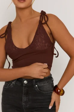Rebellious Fashion Brown Lace Bust Tie Shoulder Cami Top - Melton