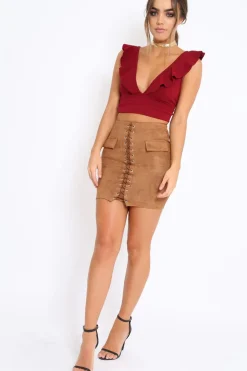 Rebellious Fashion Brown Lace Up Suedette Mini Skirt - Lotty