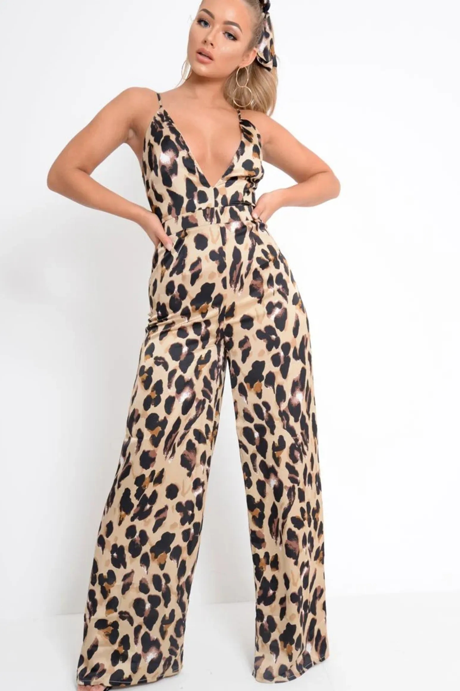 Rebellious Fashion Brown Leopard Halter Plunge Jumpsuit - Gwyn