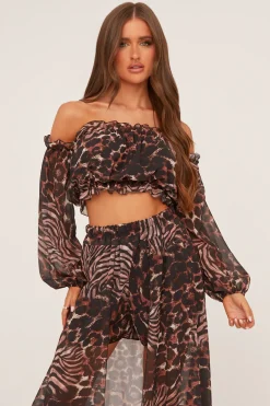 Rebellious Fashion Brown Leopard Print Bardot Cropped Top & Shorts Co-ord Set - Eleanora