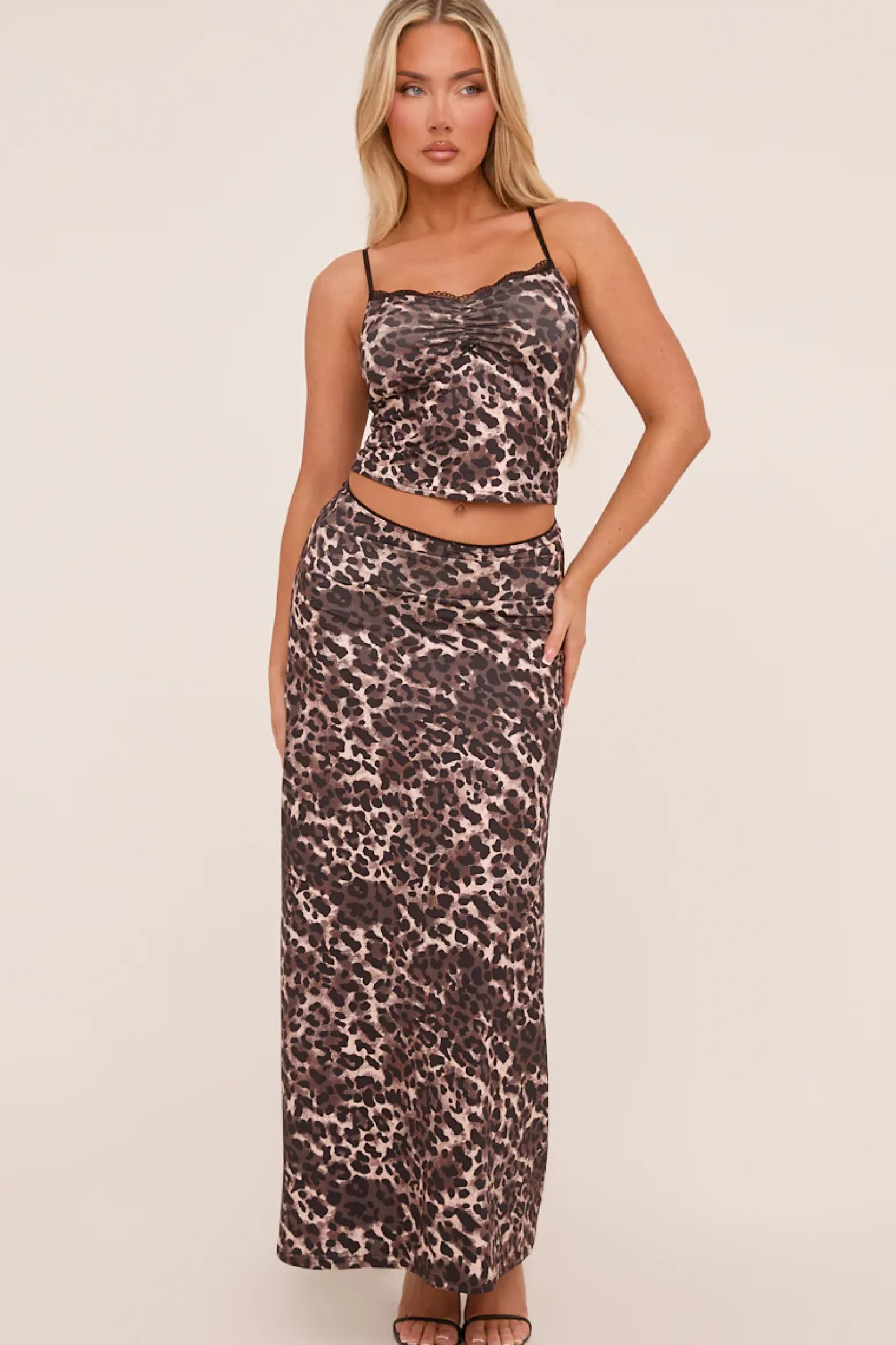 Rebellious Fashion Brown Leopard Print Lace Trim Crop Top & Maxi Skirt Co-ord Set - Dorothy