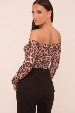 Rebellious Fashion Brown Leopard Print Mesh Bardot Long Sleeves Cropped Top - Mahalie
