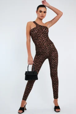 Rebellious Fashion Brown Leopard Print Mesh Jumpsuit - Itza