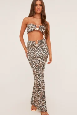 Rebellious Fashion Brown Leopard Print Metal Trim Bandeau Top & Midi Skirt Co-ord Set - Liba
