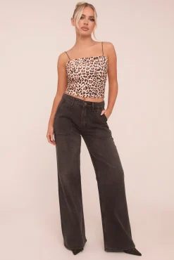 Rebellious Fashion Brown Leopard Print shoulder Strap Crop Top - Nessa