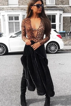 Rebellious Fashion Brown Leopard Sheer Plunge Lion Detail Bodysuit - Trula