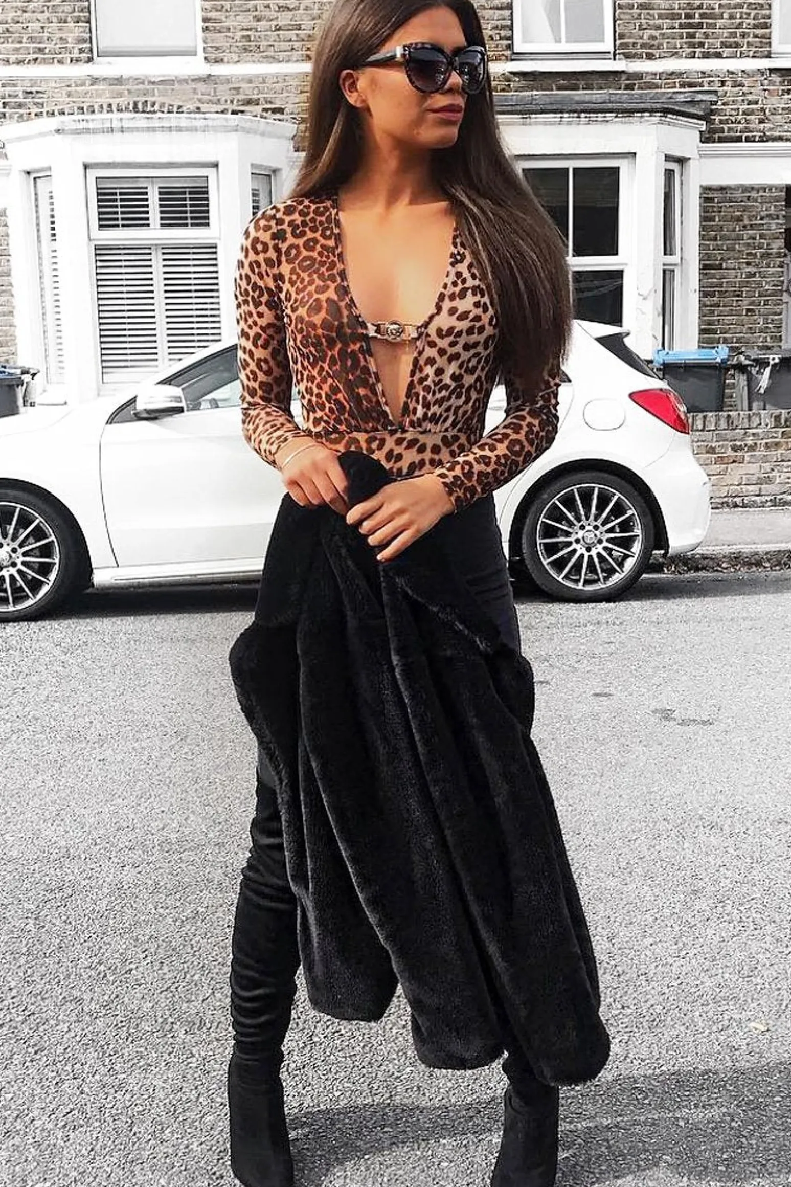 Rebellious Fashion Brown Leopard Sheer Plunge Lion Detail Bodysuit - Trula