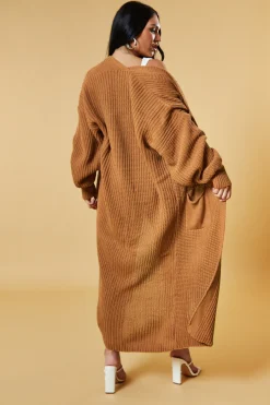 Rebellious Fashion Brown Longline Knit Maxi Cardigan - Ema