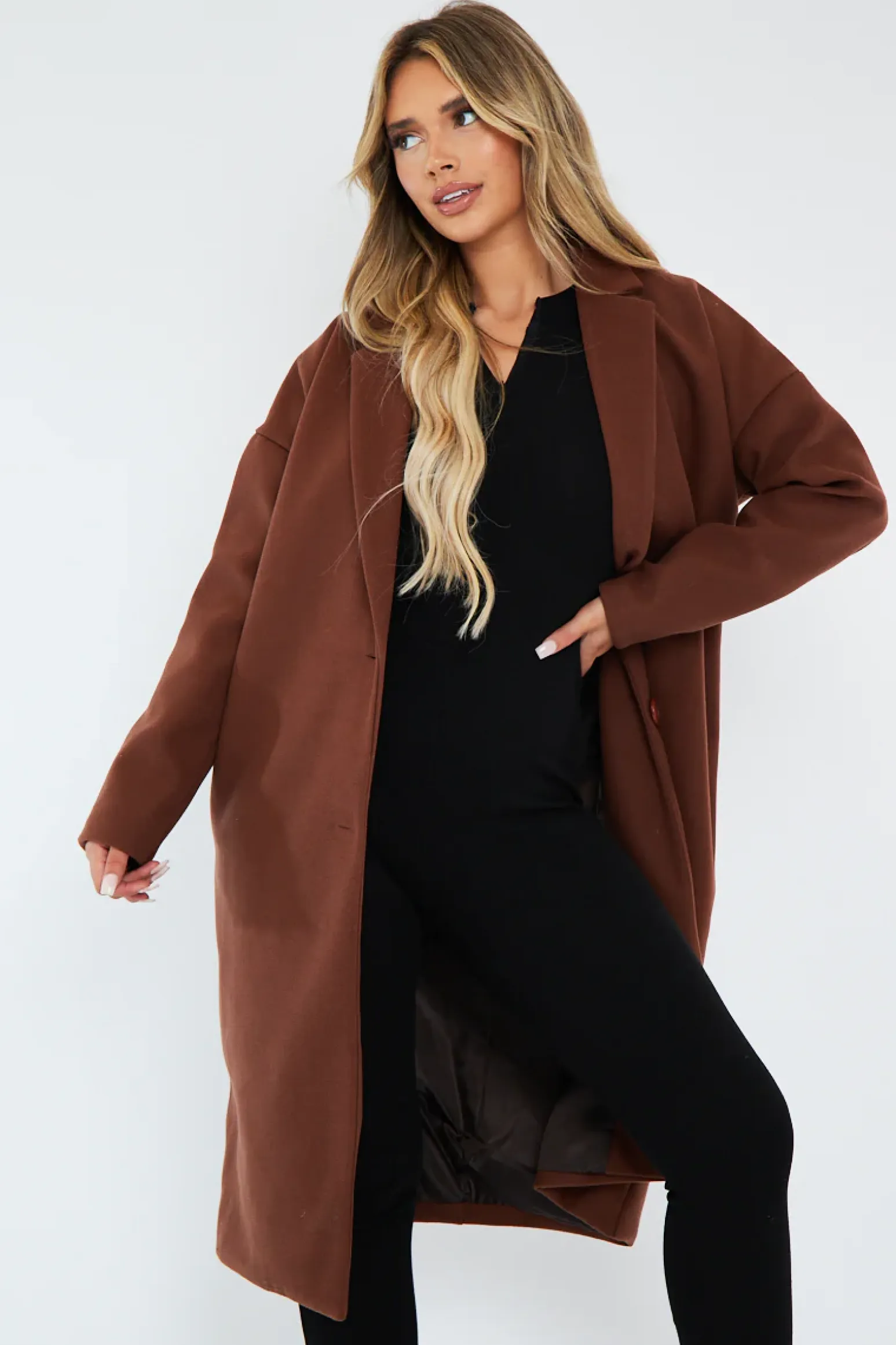 Rebellious Fashion Brown Longline Tailored Fit Coat - Daya