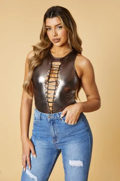 Rebellious Fashion Brown Metallic Knot Detail Sleeveless Bodysuit -- Nagisa