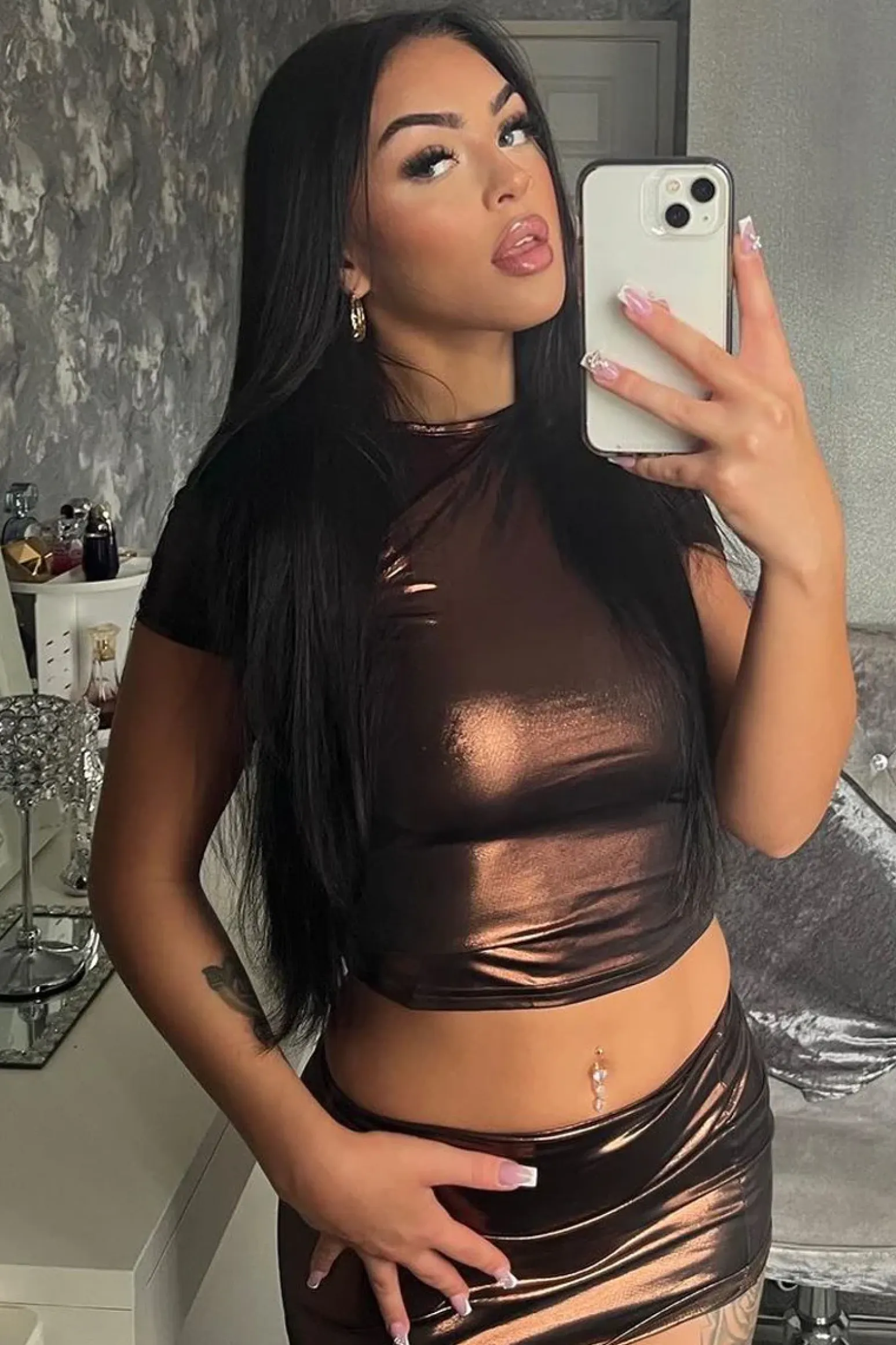 Rebellious Fashion Brown Metallic Short Sleeve Crop Top & Mini Skirt Set - Kaito