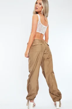 Rebellious Fashion Brown Nylon Parachute Tech Cargo Trousers - Anika