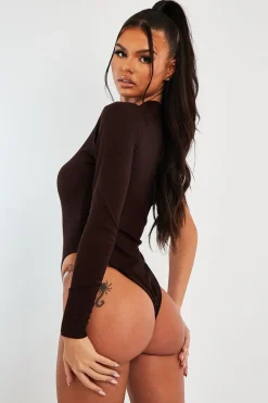Rebellious Fashion Brown One Sleeve High Neck Bodysuit - Oakley