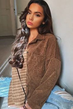 Rebellious Fashion Brown Oversized Fit Corduroy Shirt - Brina